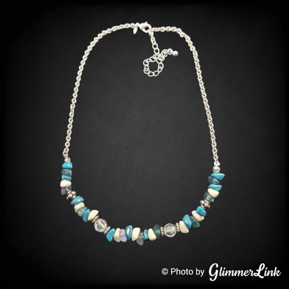 Avon Beaded Chain Faux Turquoise Chip Silver Tone Necklace - Picture 1 of 12